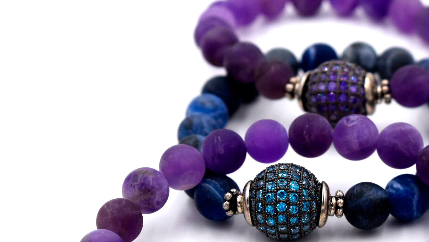Two Vibrant 8MM Round Matte Purple Amethyst Beaded Bracelets with Dark Purple Pave Set Cubic Zirconia Center Bead with Sterling Silver Accents, Single 8MM Round Matte Navy Blue Agate Bracelet with 12MM Aqua Blue Pave Set Center Bead in Oxidized Metal